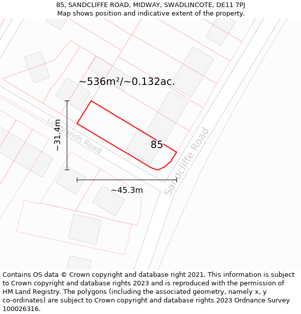 85, SANDCLIFFE ROAD, MIDWAY, SWADLINCOTE, DE11 7PJ: Plot and title map