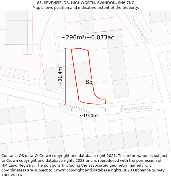 85, SEVENFIELDS, HIGHWORTH, SWINDON, SN6 7NG: Plot and title map