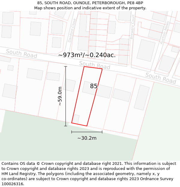 85, SOUTH ROAD, OUNDLE, PETERBOROUGH, PE8 4BP: Plot and title map