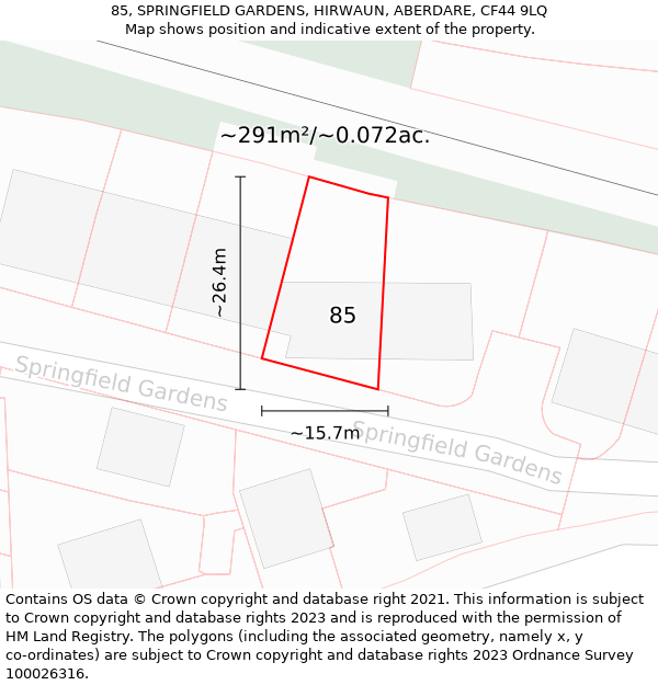 85, SPRINGFIELD GARDENS, HIRWAUN, ABERDARE, CF44 9LQ: Plot and title map