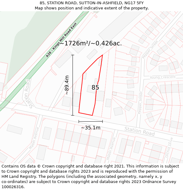 85, STATION ROAD, SUTTON-IN-ASHFIELD, NG17 5FY: Plot and title map