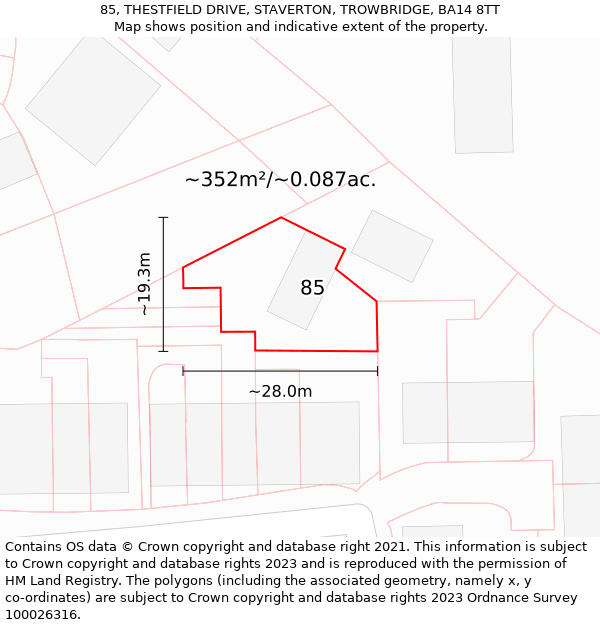 85, THESTFIELD DRIVE, STAVERTON, TROWBRIDGE, BA14 8TT: Plot and title map