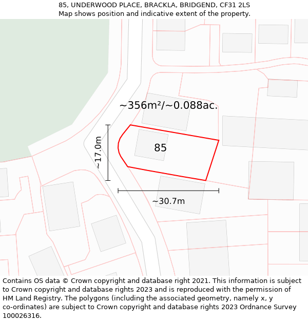 85, UNDERWOOD PLACE, BRACKLA, BRIDGEND, CF31 2LS: Plot and title map