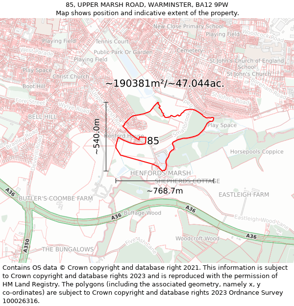 85, UPPER MARSH ROAD, WARMINSTER, BA12 9PW: Plot and title map