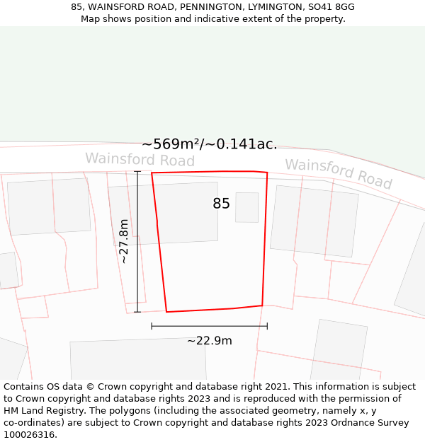 85, WAINSFORD ROAD, PENNINGTON, LYMINGTON, SO41 8GG: Plot and title map