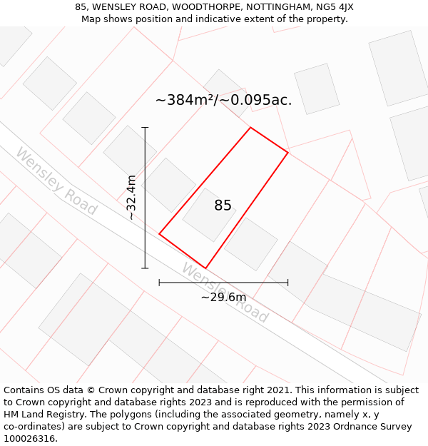 85, WENSLEY ROAD, WOODTHORPE, NOTTINGHAM, NG5 4JX: Plot and title map