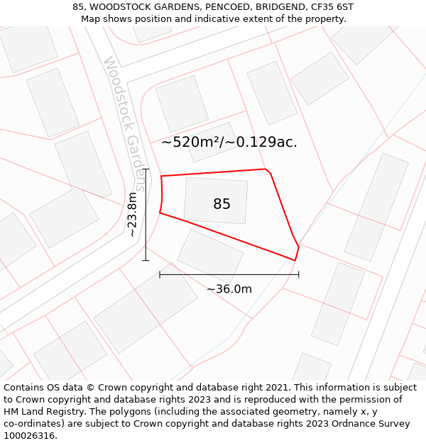 85, WOODSTOCK GARDENS, PENCOED, BRIDGEND, CF35 6ST: Plot and title map