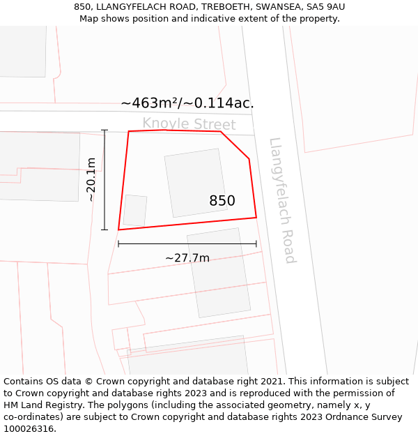 850, LLANGYFELACH ROAD, TREBOETH, SWANSEA, SA5 9AU: Plot and title map