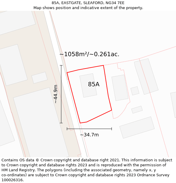 85A, EASTGATE, SLEAFORD, NG34 7EE: Plot and title map