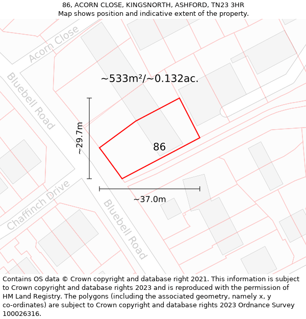 86, ACORN CLOSE, KINGSNORTH, ASHFORD, TN23 3HR: Plot and title map