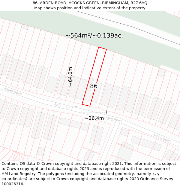 86, ARDEN ROAD, ACOCKS GREEN, BIRMINGHAM, B27 6AQ: Plot and title map