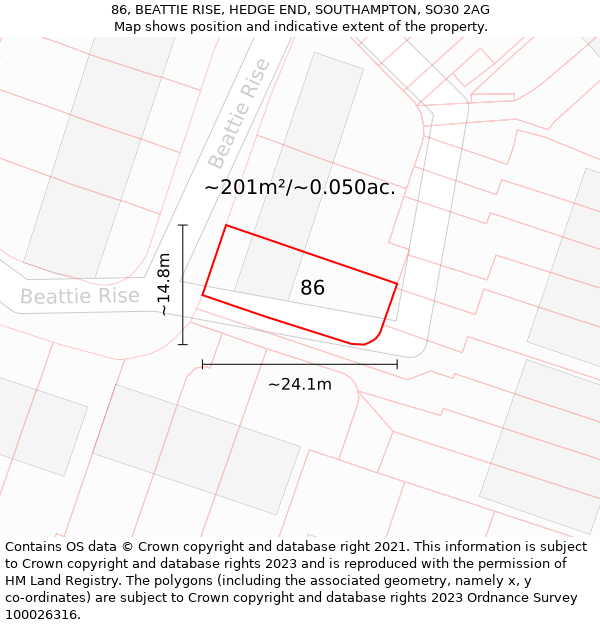 86, BEATTIE RISE, HEDGE END, SOUTHAMPTON, SO30 2AG: Plot and title map