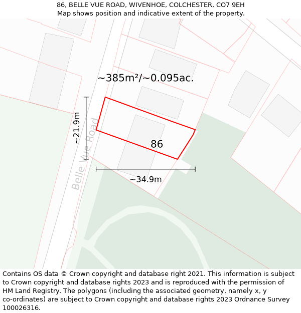 86, BELLE VUE ROAD, WIVENHOE, COLCHESTER, CO7 9EH: Plot and title map