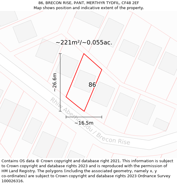 86, BRECON RISE, PANT, MERTHYR TYDFIL, CF48 2EF: Plot and title map