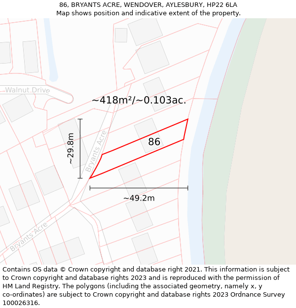 86, BRYANTS ACRE, WENDOVER, AYLESBURY, HP22 6LA: Plot and title map