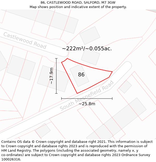 86, CASTLEWOOD ROAD, SALFORD, M7 3GW: Plot and title map