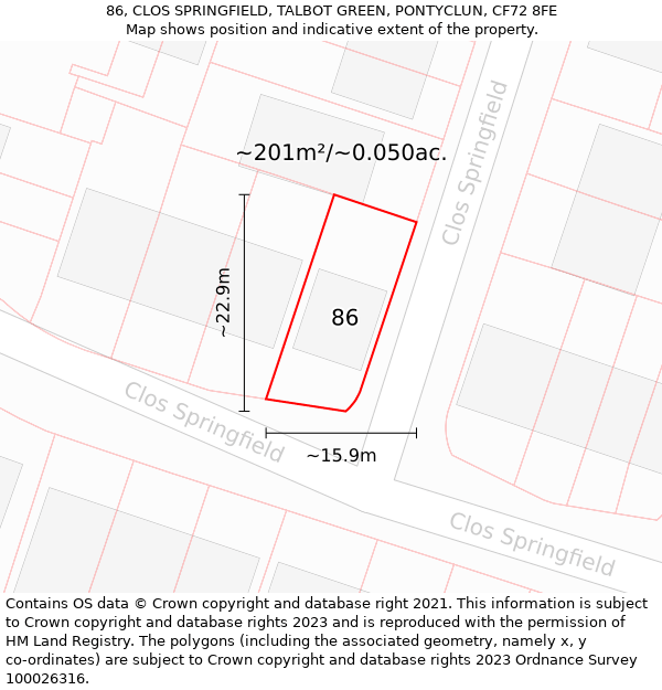 86, CLOS SPRINGFIELD, TALBOT GREEN, PONTYCLUN, CF72 8FE: Plot and title map