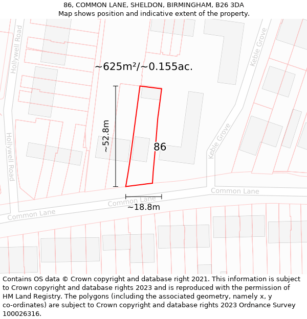 86, COMMON LANE, SHELDON, BIRMINGHAM, B26 3DA: Plot and title map