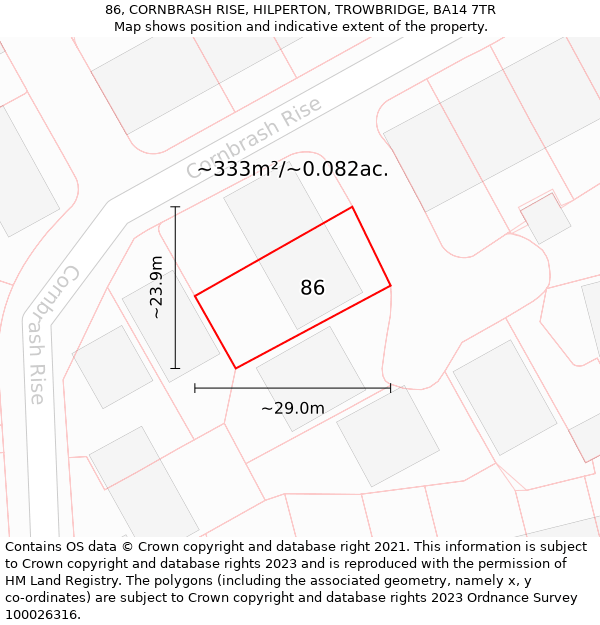 86, CORNBRASH RISE, HILPERTON, TROWBRIDGE, BA14 7TR: Plot and title map