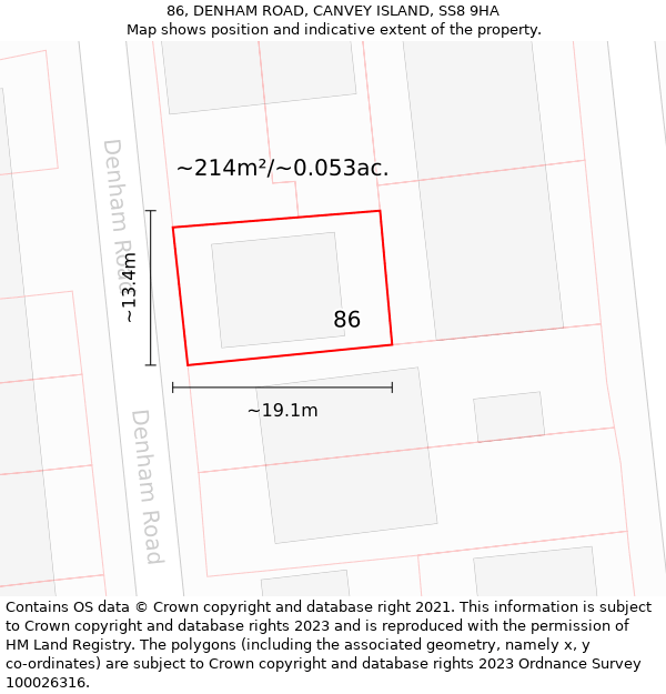 86, DENHAM ROAD, CANVEY ISLAND, SS8 9HA: Plot and title map