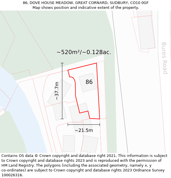 86, DOVE HOUSE MEADOW, GREAT CORNARD, SUDBURY, CO10 0GF: Plot and title map