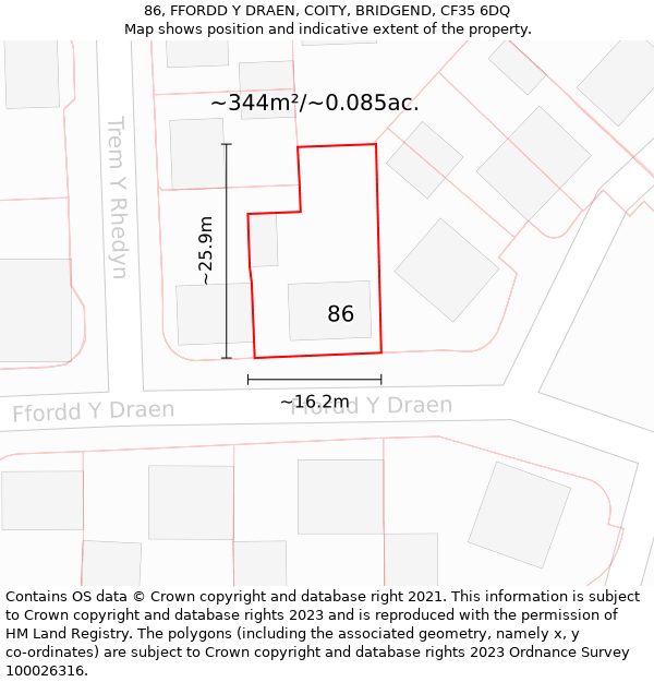 86, FFORDD Y DRAEN, COITY, BRIDGEND, CF35 6DQ: Plot and title map