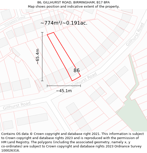 86, GILLHURST ROAD, BIRMINGHAM, B17 8PA: Plot and title map