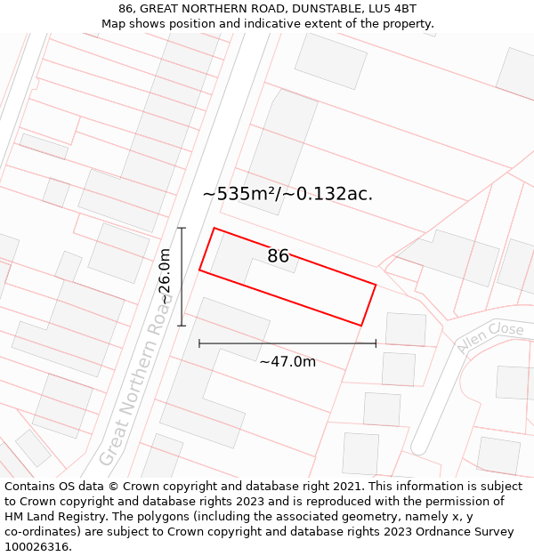 86, GREAT NORTHERN ROAD, DUNSTABLE, LU5 4BT: Plot and title map