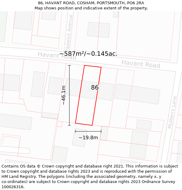 86, HAVANT ROAD, COSHAM, PORTSMOUTH, PO6 2RA: Plot and title map