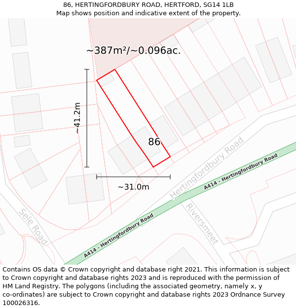 86, HERTINGFORDBURY ROAD, HERTFORD, SG14 1LB: Plot and title map