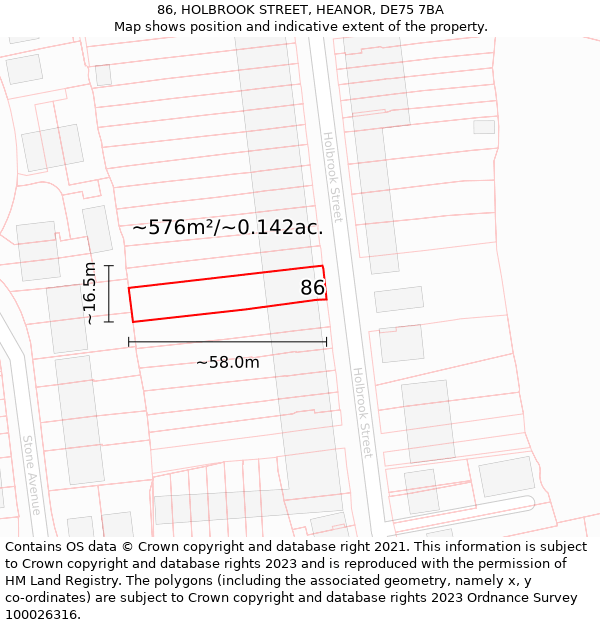 86, HOLBROOK STREET, HEANOR, DE75 7BA: Plot and title map