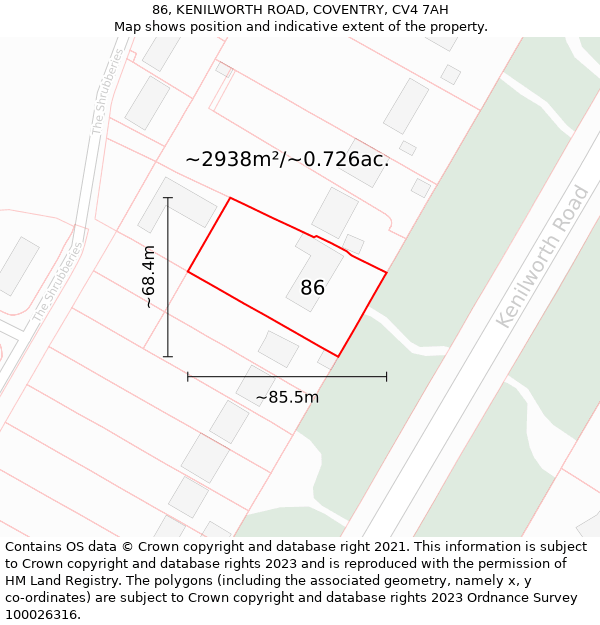 86, KENILWORTH ROAD, COVENTRY, CV4 7AH: Plot and title map