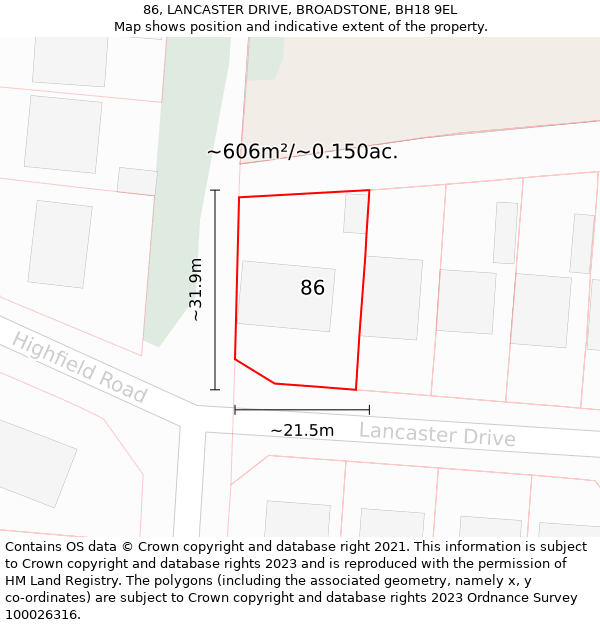 86, LANCASTER DRIVE, BROADSTONE, BH18 9EL: Plot and title map