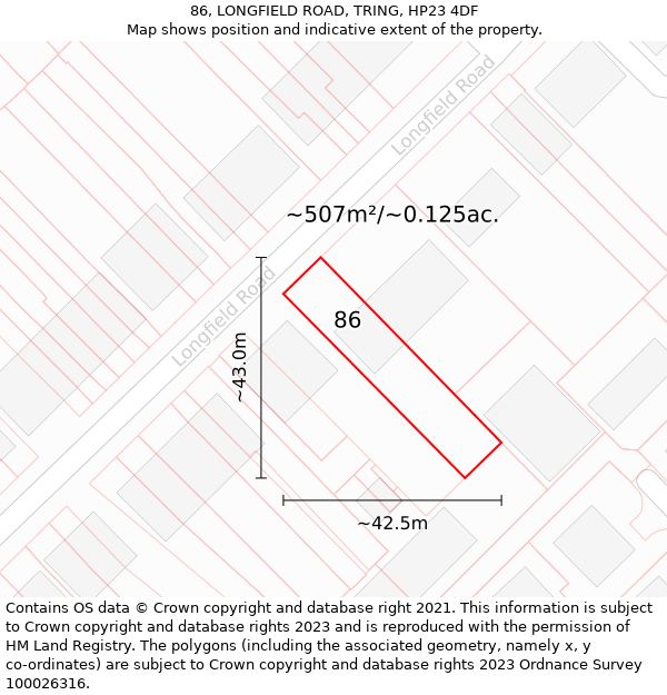 86, LONGFIELD ROAD, TRING, HP23 4DF: Plot and title map