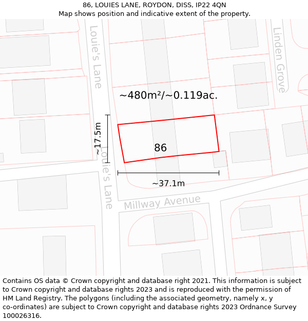 86, LOUIES LANE, ROYDON, DISS, IP22 4QN: Plot and title map