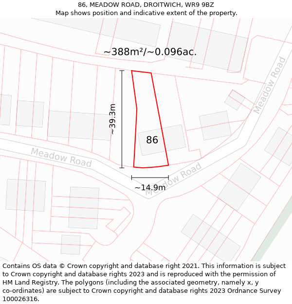 86, MEADOW ROAD, DROITWICH, WR9 9BZ: Plot and title map