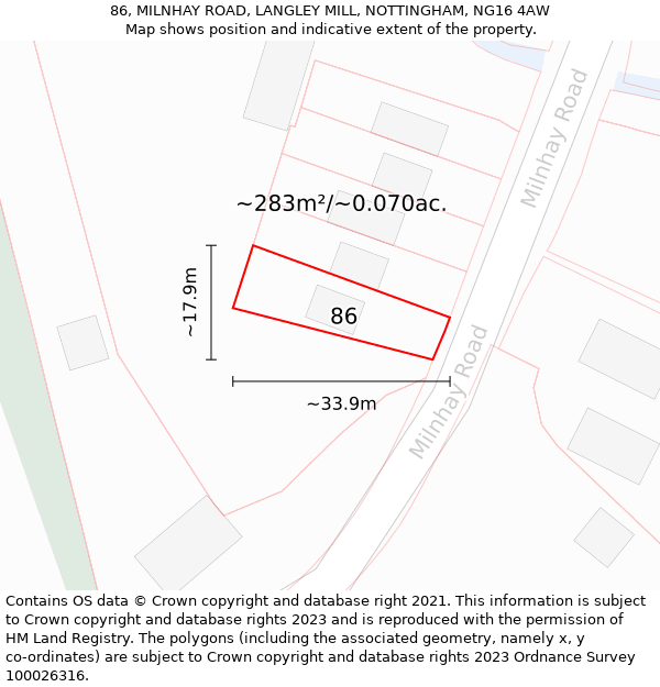 86, MILNHAY ROAD, LANGLEY MILL, NOTTINGHAM, NG16 4AW: Plot and title map