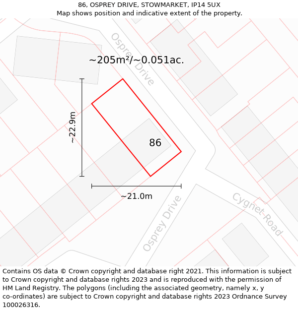 86, OSPREY DRIVE, STOWMARKET, IP14 5UX: Plot and title map