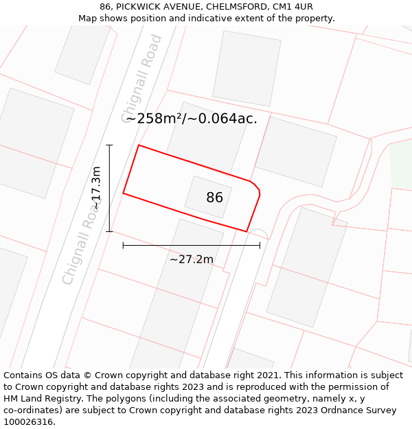 86, PICKWICK AVENUE, CHELMSFORD, CM1 4UR: Plot and title map