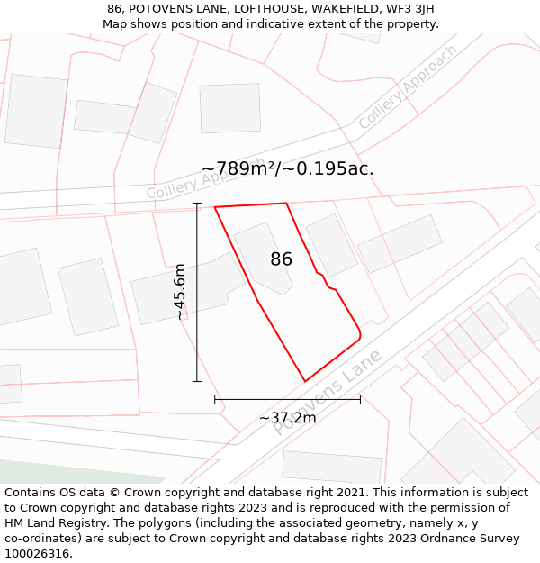 86, POTOVENS LANE, LOFTHOUSE, WAKEFIELD, WF3 3JH: Plot and title map