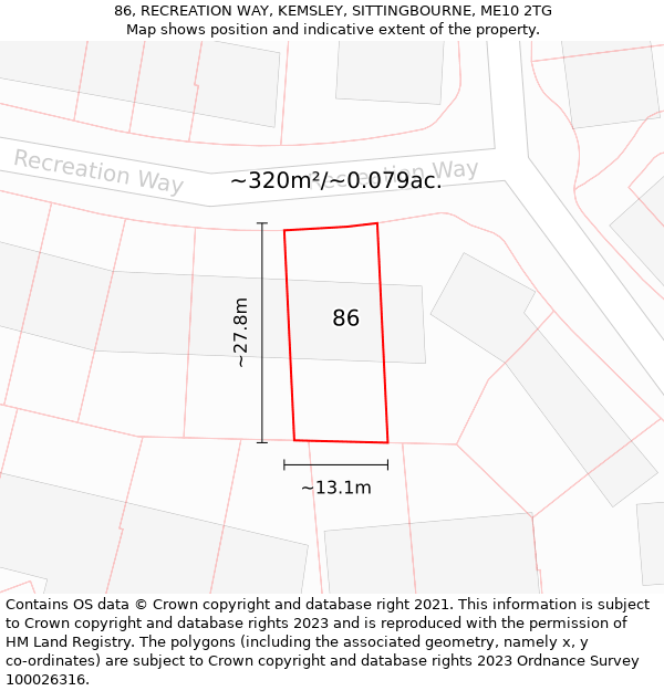 86, RECREATION WAY, KEMSLEY, SITTINGBOURNE, ME10 2TG: Plot and title map