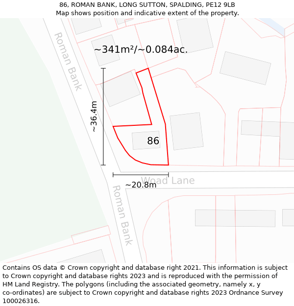 86, ROMAN BANK, LONG SUTTON, SPALDING, PE12 9LB: Plot and title map