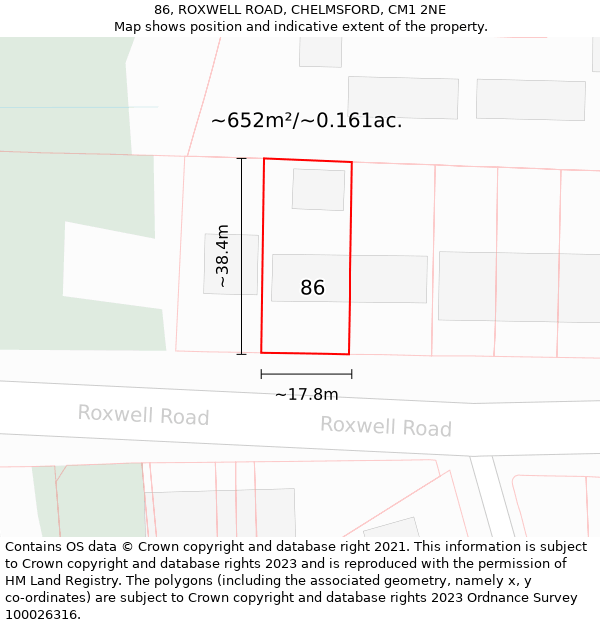 86, ROXWELL ROAD, CHELMSFORD, CM1 2NE: Plot and title map