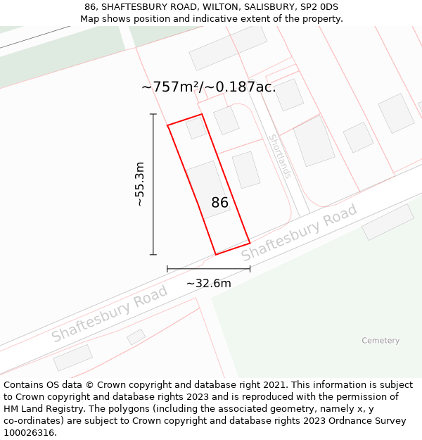 86, SHAFTESBURY ROAD, WILTON, SALISBURY, SP2 0DS: Plot and title map