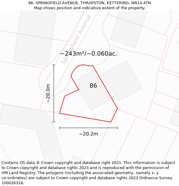 86, SPRINGFIELD AVENUE, THRAPSTON, KETTERING, NN14 4TN: Plot and title map