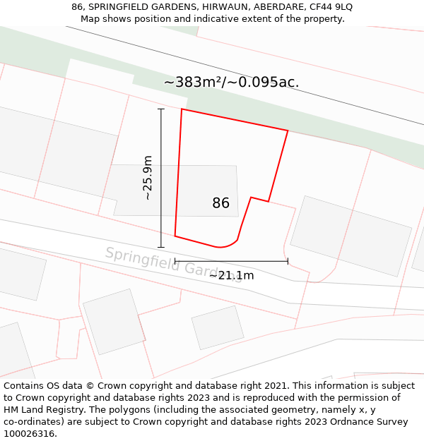 86, SPRINGFIELD GARDENS, HIRWAUN, ABERDARE, CF44 9LQ: Plot and title map