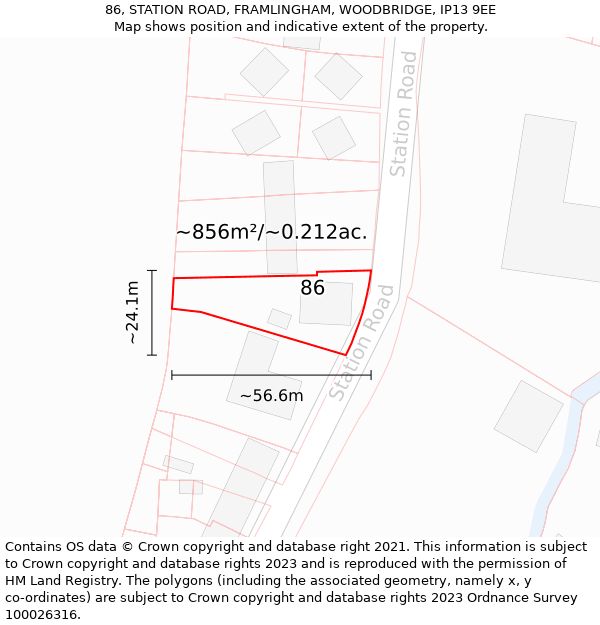 86, STATION ROAD, FRAMLINGHAM, WOODBRIDGE, IP13 9EE: Plot and title map