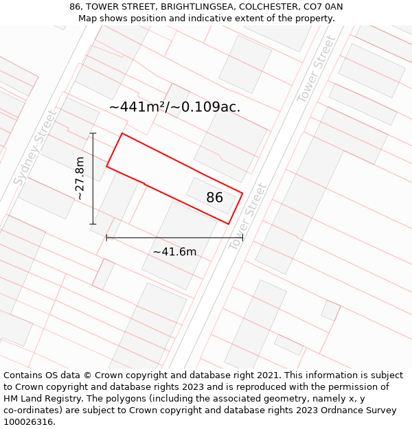 86, TOWER STREET, BRIGHTLINGSEA, COLCHESTER, CO7 0AN: Plot and title map