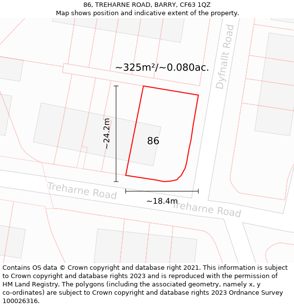 86, TREHARNE ROAD, BARRY, CF63 1QZ: Plot and title map