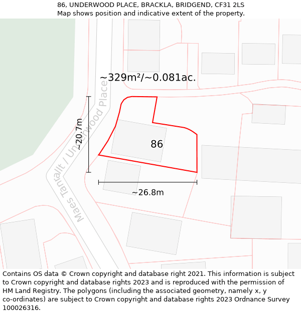 86, UNDERWOOD PLACE, BRACKLA, BRIDGEND, CF31 2LS: Plot and title map